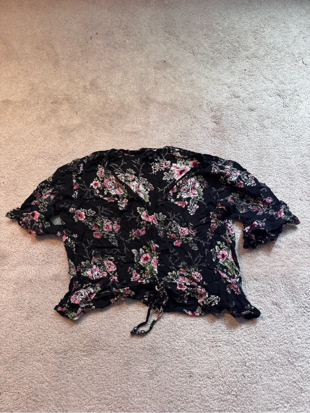 Angie Black Floral Tie-Front Blouse